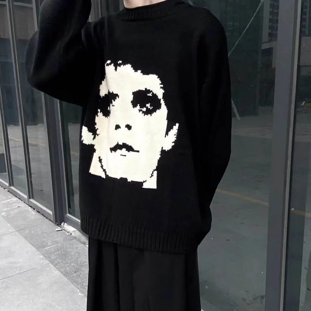 Men's Y2k Graphic Long-Sleeved Sweater American Retro Fashion Trend High Street Loose Casual Breathable Niche New Men's Tops