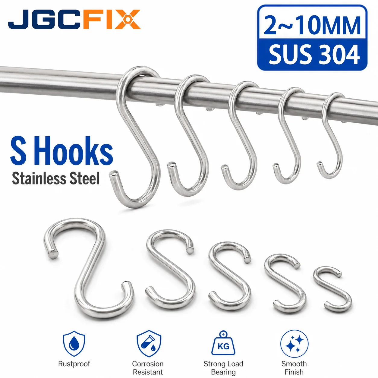 304 Stainless Steel S Hooks S Shaped Hooks M2 M3 M4 M5 M6 M8 M10 Utility Hanging Hook for Kitchen Closet Garage Rust Prevention
