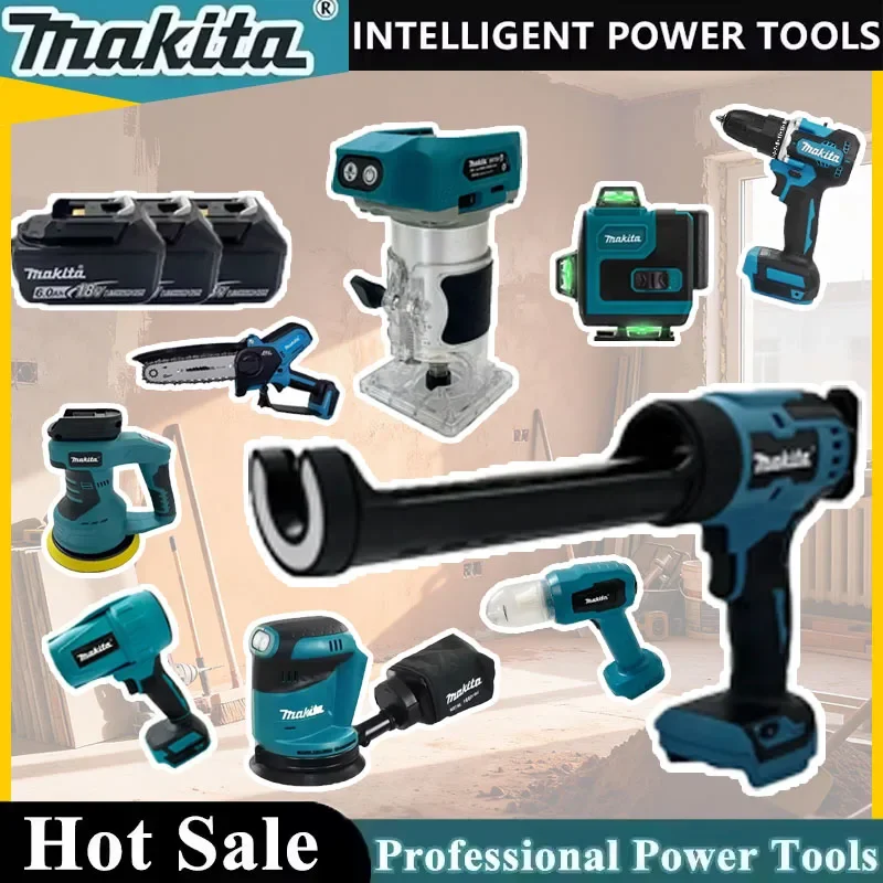 

Различные модели портативных аккумуляторных электроинструментов Makita: ударный шуруповерт, аккумуляторная отвертка, электрическая сабельная пила