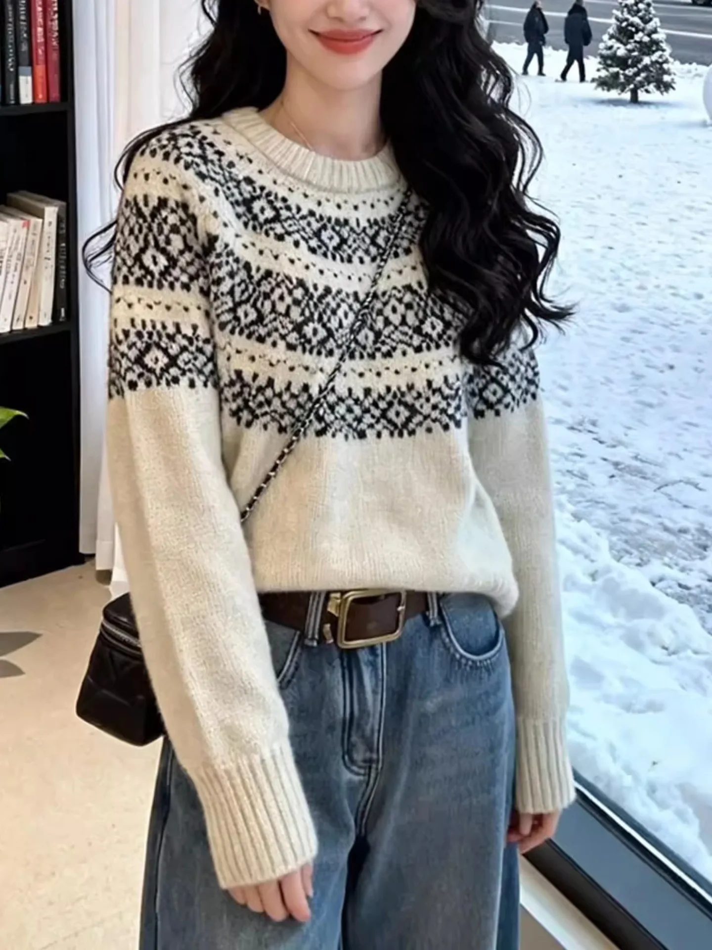 Sweter damski w stylu retro Fair Isle, luźny krój, nowy model zimowy, swobodny styl, wyszczuplający, dzianinowy top bazowy.