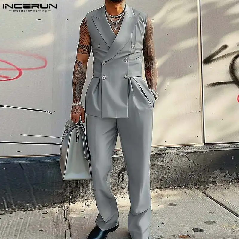 INCERUN Men Sleeveless Bodysuit Lapel Collar V Neck Double Breasted Blazer Suit Jumpsuit Solid Color Office Long Pants Overalls