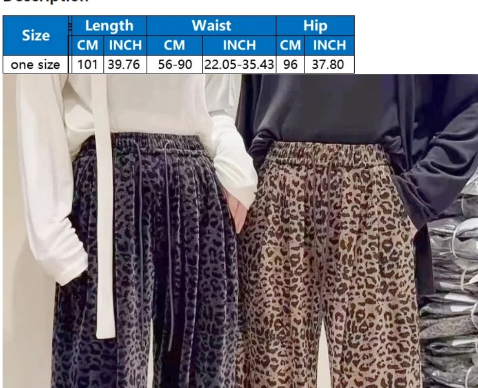 Women Retro Pleuche Pants Leopard Loose Straight Trouser Autumn Winter Y2K Party Chic Elastic Waist Elegant Casual Wide Leg Pant