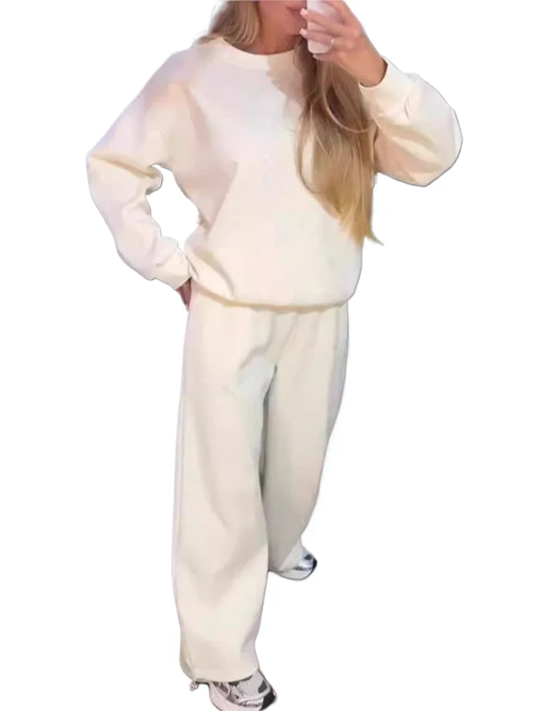 

Trend Solid Color Print Pants Sets Women O Neck Pullover Sweatshirt Trousers Two Piece Set Casual Commuting Suit Female