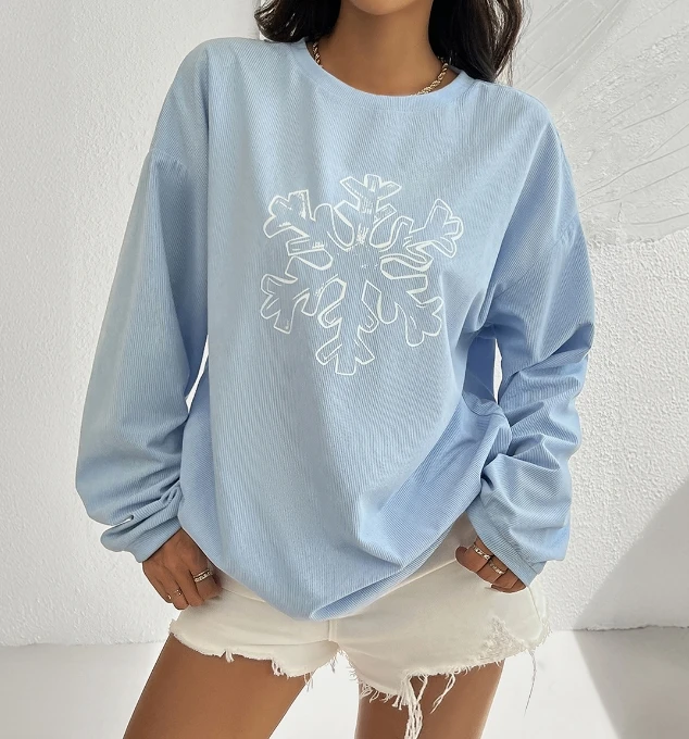 

Women's Casual Style Pullover 2024 Autumn Winter Latest Casual Round Neck Loose Thread Printed Snowflake Hoodie Comfortable Top