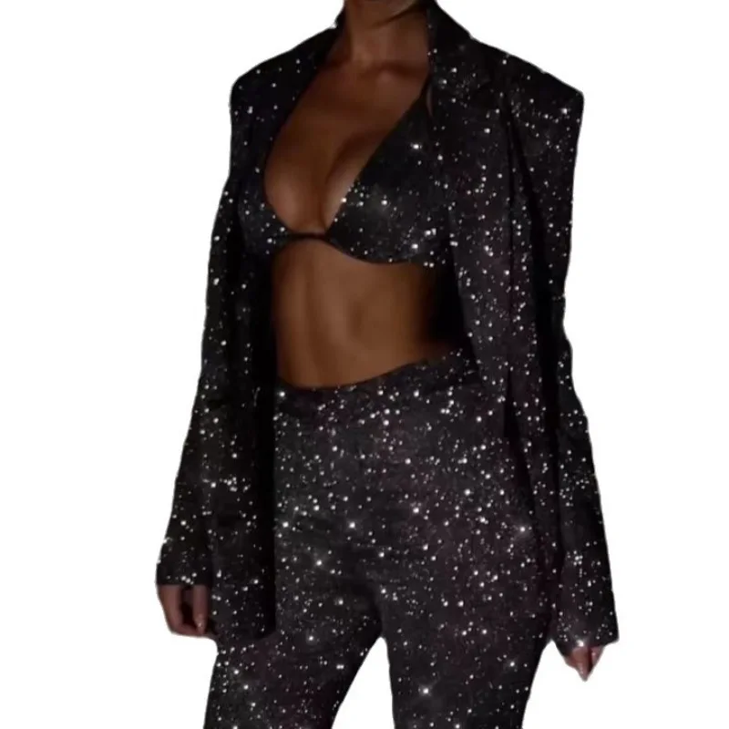 Nightclub Shiny Glitter Suit Long Pants Bra Top Festival Rave Outfit for Women Party Gogo Dancer Singer Costume Kpop Stage Wear