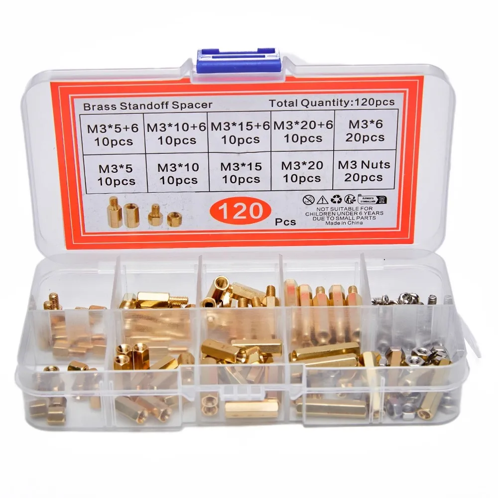 120boxedM3 stainless steel screws and nuts,brass hexagonal copper pillars,120PCS isolation pillar and spacing pillar combination