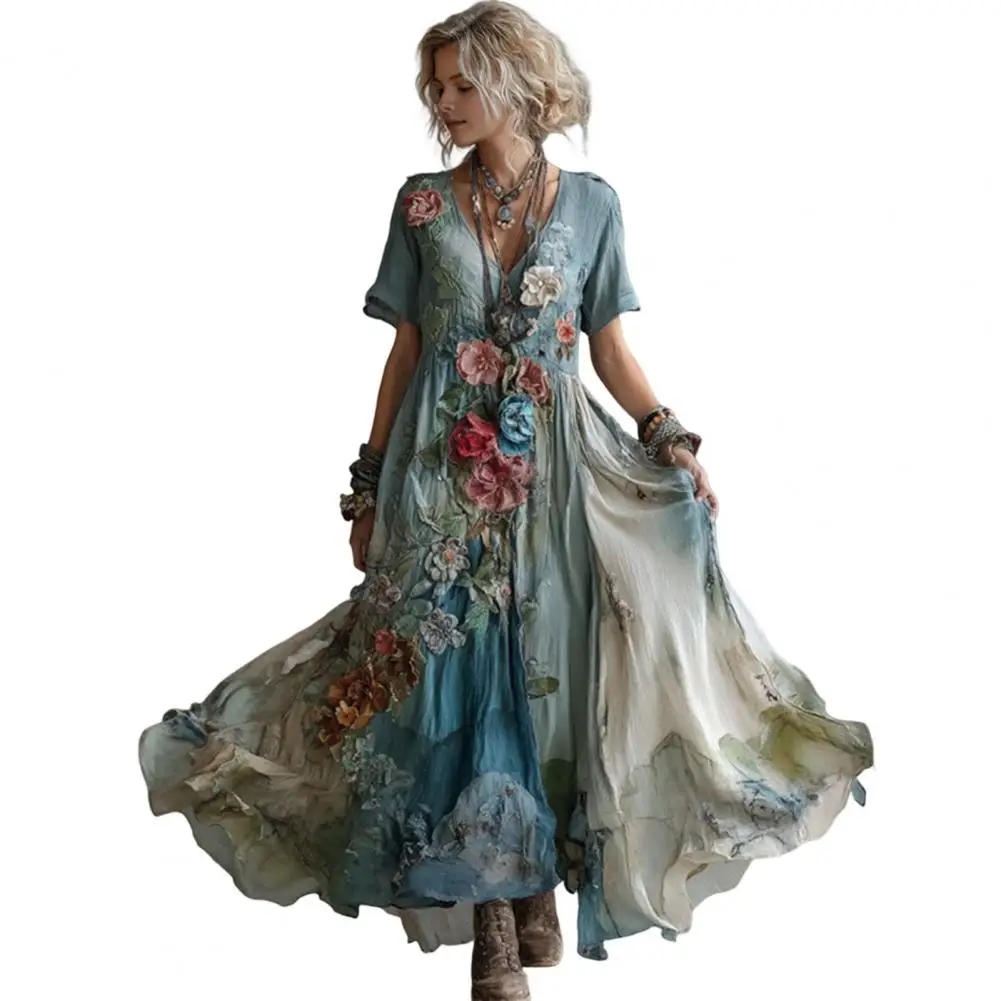 Zomerjurk voor dames, bloemenprint, korte mouwen, V-hals, swingjurk, Boho, zwierige A-lijn, casual, gala, bruiloft, gastjurk - afbeelding 2