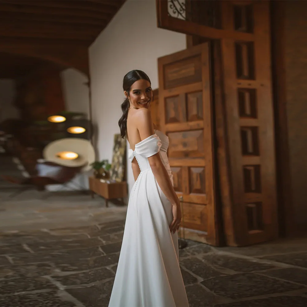 Customized  Pleated Sheath Bridal Gown with Daring High-Split Design Gorgeous White Wedding Dress with Off-the-Shoulder Straps