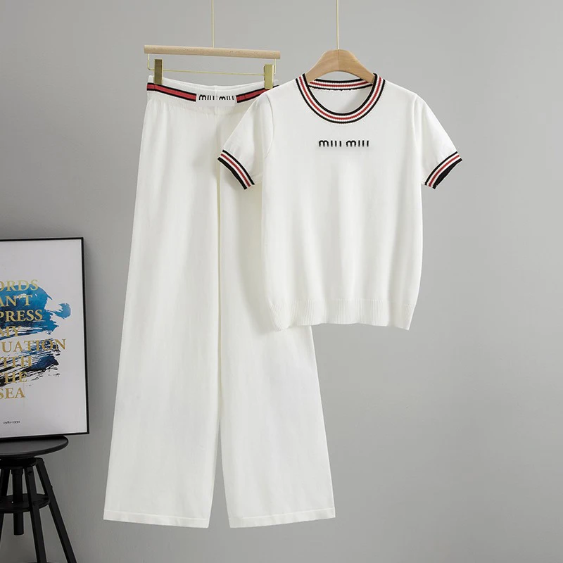 

High Quality Fashion Summer Set Casual Wide Leg Pants Short Sleeve Letter Embroidery Color Block Two Piece Women's Outfit