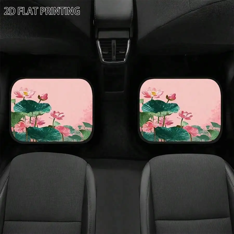 4pcs Car Floor Mats With Pink For Lotus Scattered Fresh Pattern Print, Universal Material Interior Accessories For All Seasons,