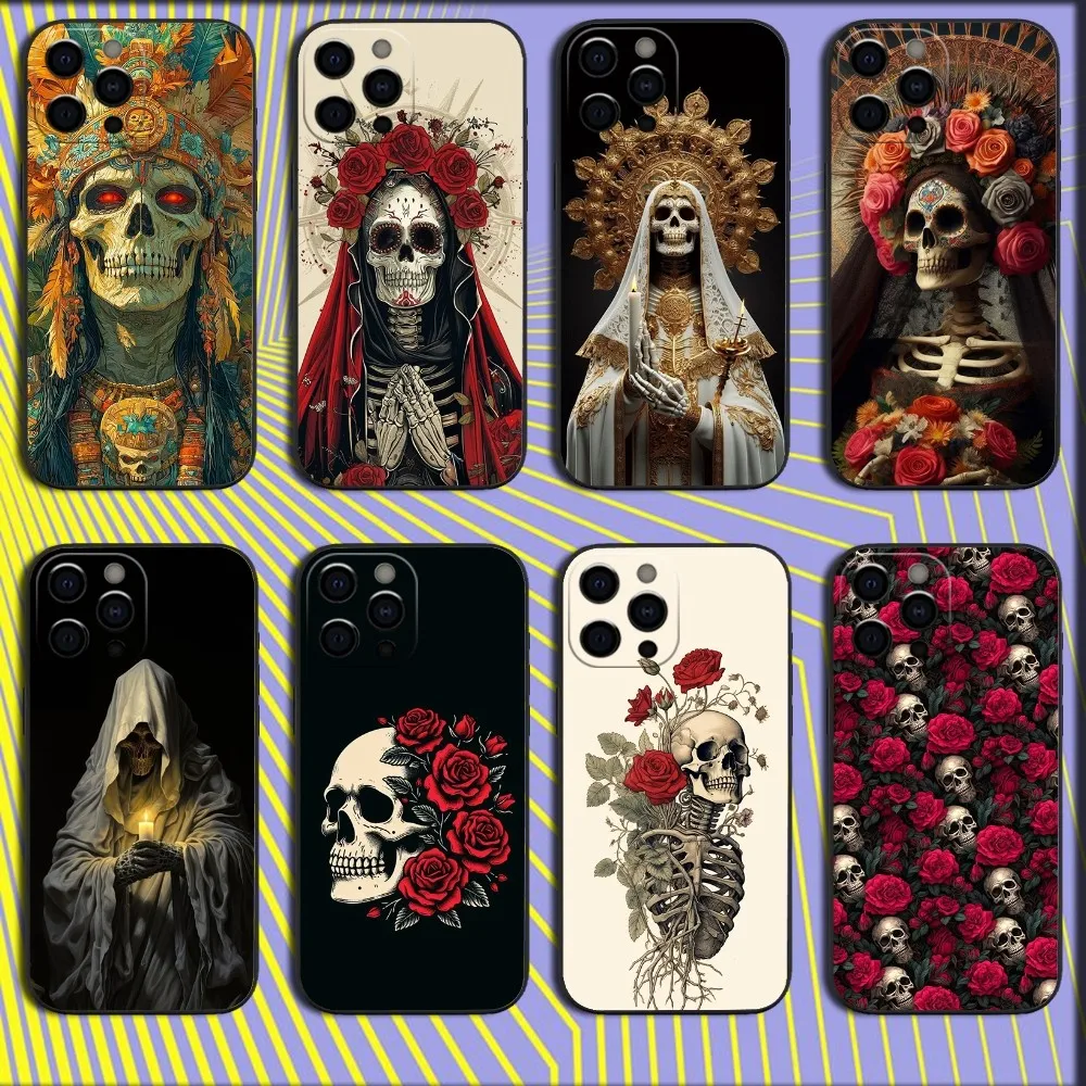 

Santa Muerte Phone Case For iPhone 16,15,14,13,12,11,Pro,X,XS,Max,XR,Plus,Mini Soft Black Cover