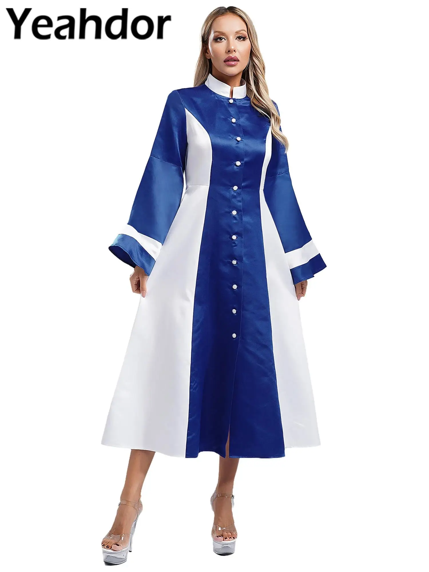 Womens Church Robe Stand Collar Flared Sleeve Loose Fit Choir Clergy Maxi Dress Minister Pastor Robe Stage Roleplay Dress Up