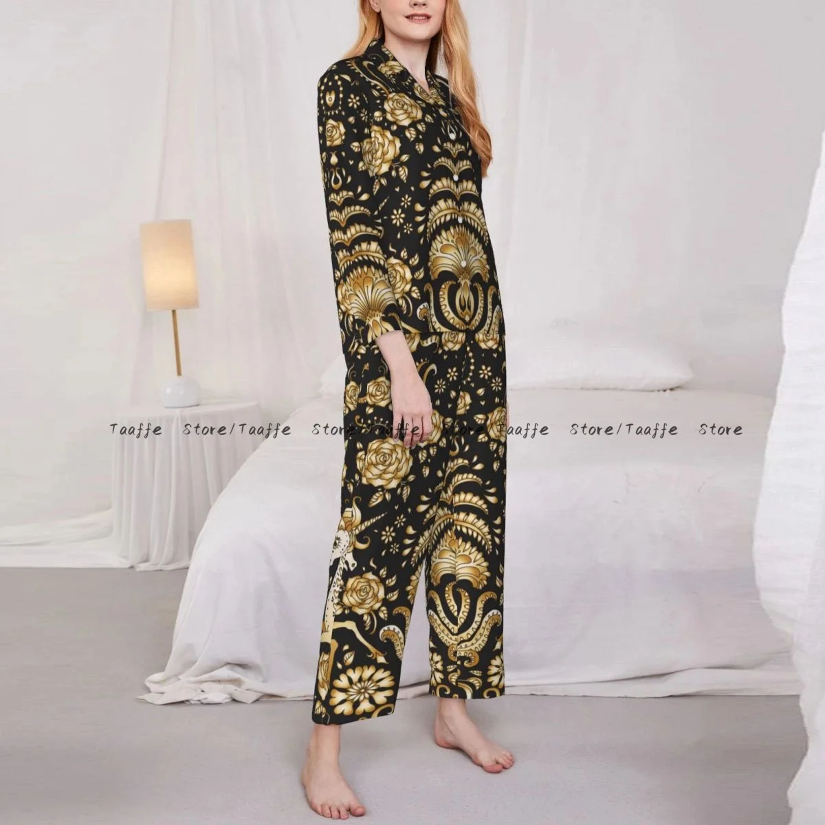 

Women Sleepwear Pajamas Gold Unicorn Long Sleeve Pijama Female Set Negligee Cardigan Suit