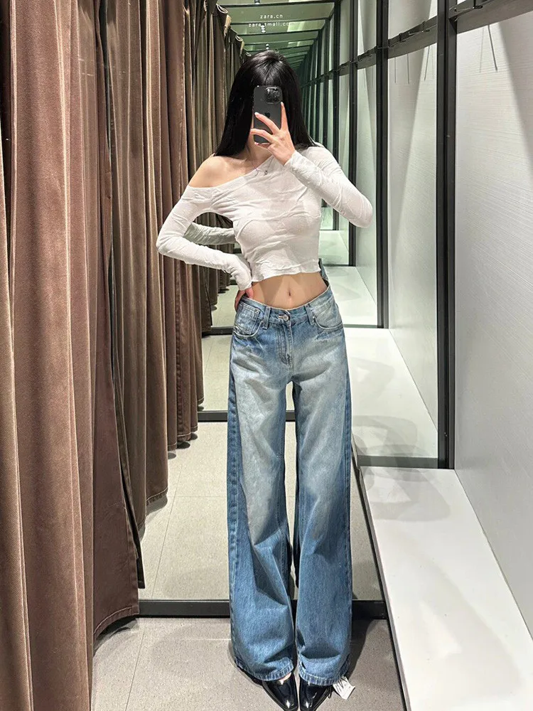 

American Retro Low Waist Light Blue Wide Leg Jeans Women's Extended Length Floor Sweeping Pants Slimming Washed Old Style