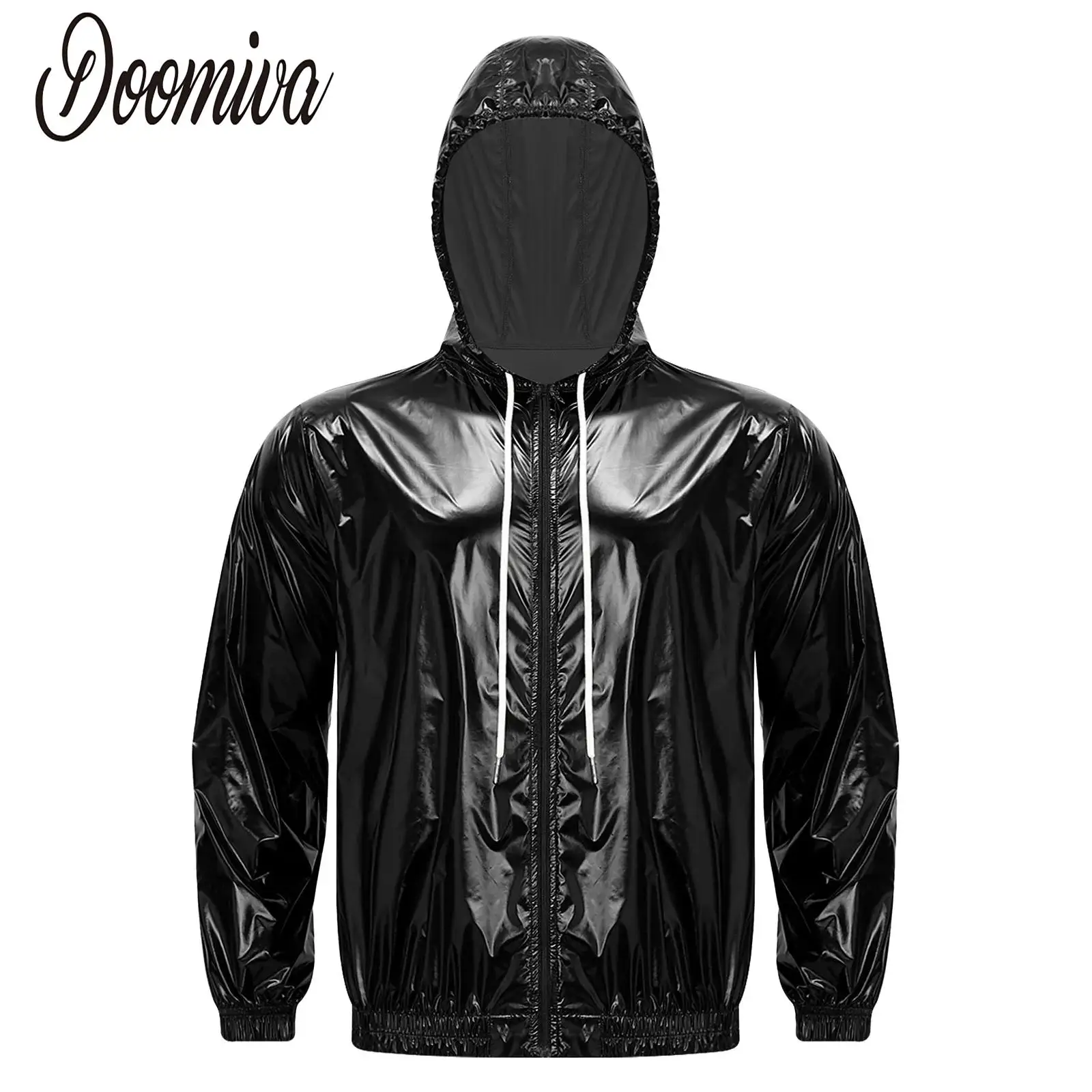 Men Glossy Waterproof Hooded Jacket Raincoat for Hiking Fishing Biking Long Sleeve Zip-up Drawstring Hood Outerwear Windbreaker
