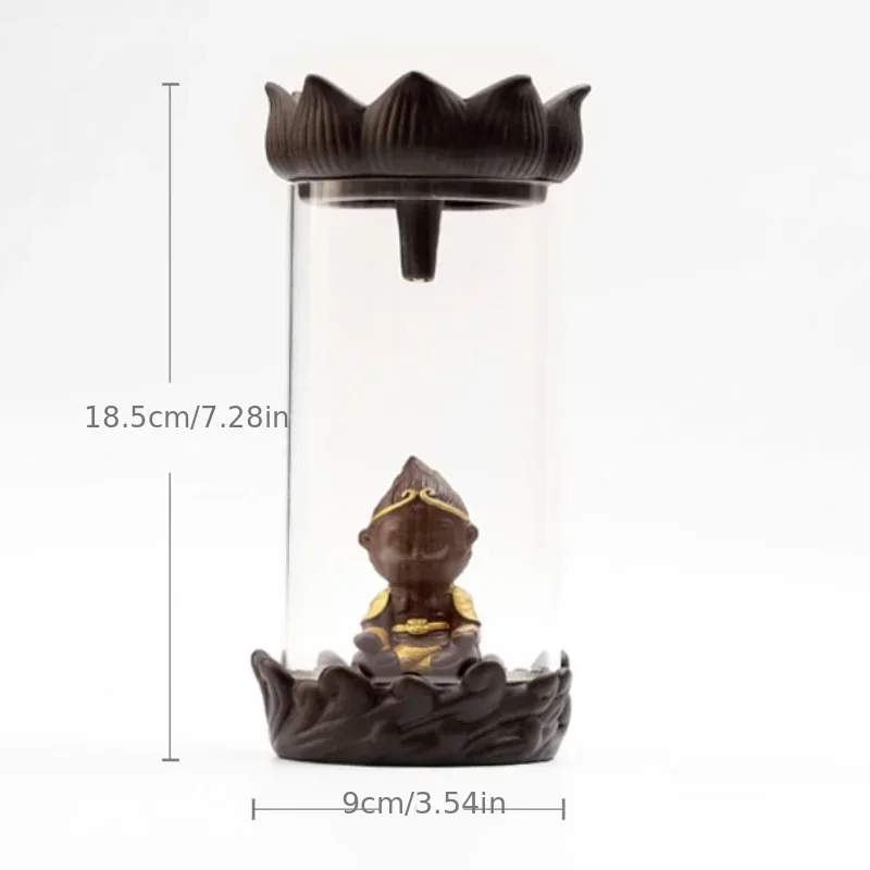1pc, Ceramic Backflow Incense Burner with Monkey King Figurine and Acrylic Windproof Cover Home Decorations (Without Incense）