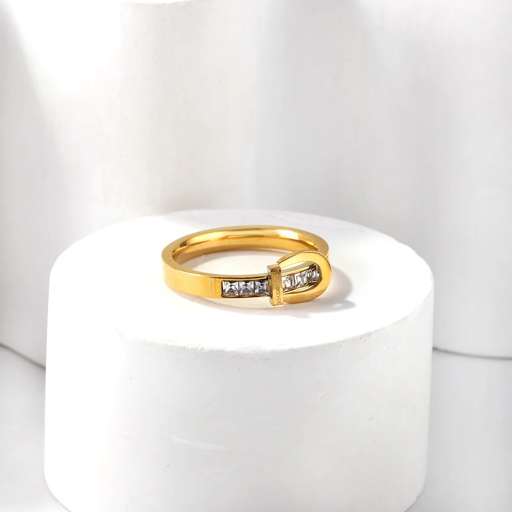 LUXUSTEEL Luxury White Zircon Belt Buckle Shape Rings For Women Golden Stainless Steel Rhinestone Love Forever Wedding Ring image 3