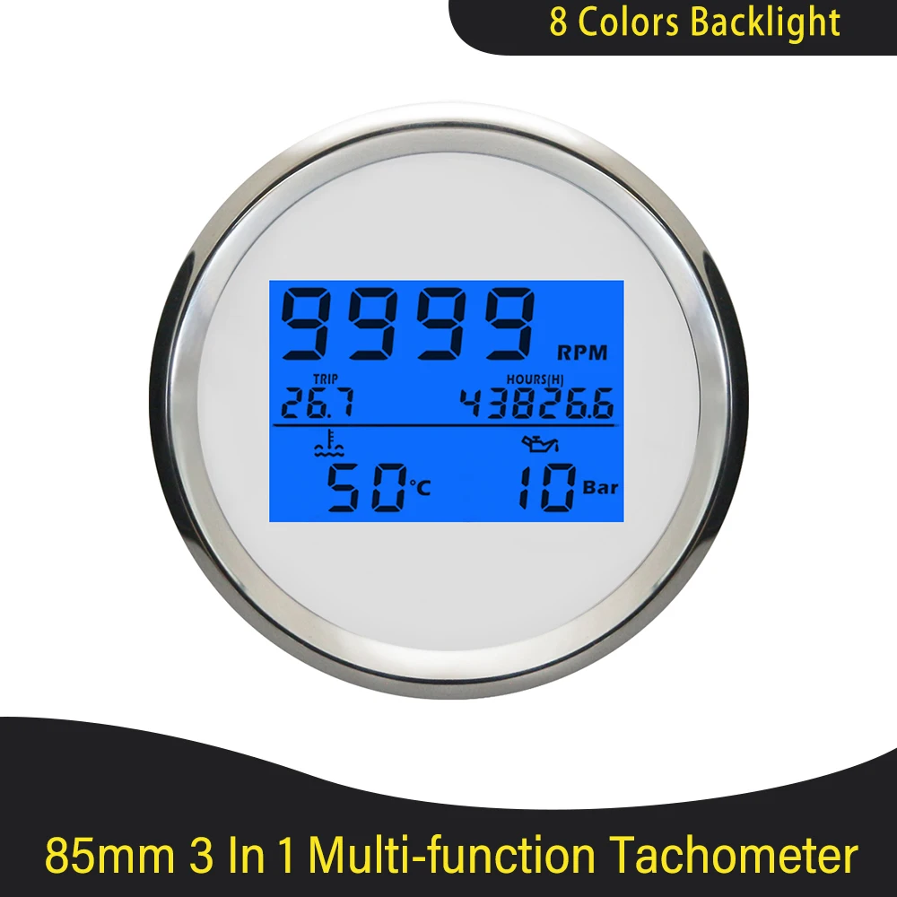 Universal Digital 85mm 3 in 1 Multifunction 0-9999RPM Tachometer Gauge With 8 Colors Backlight for Truck Motorcycle Vessel 9-32V