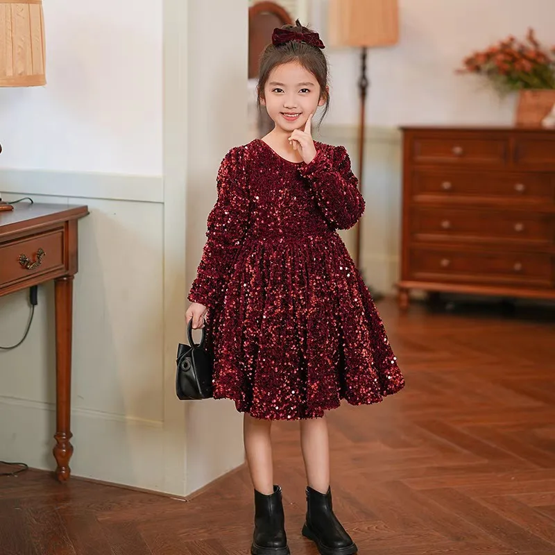 

Girls' Evening Dress Sequin Bow Red Velvet Sequin Princess Dress Fashionable Party Dress for Children