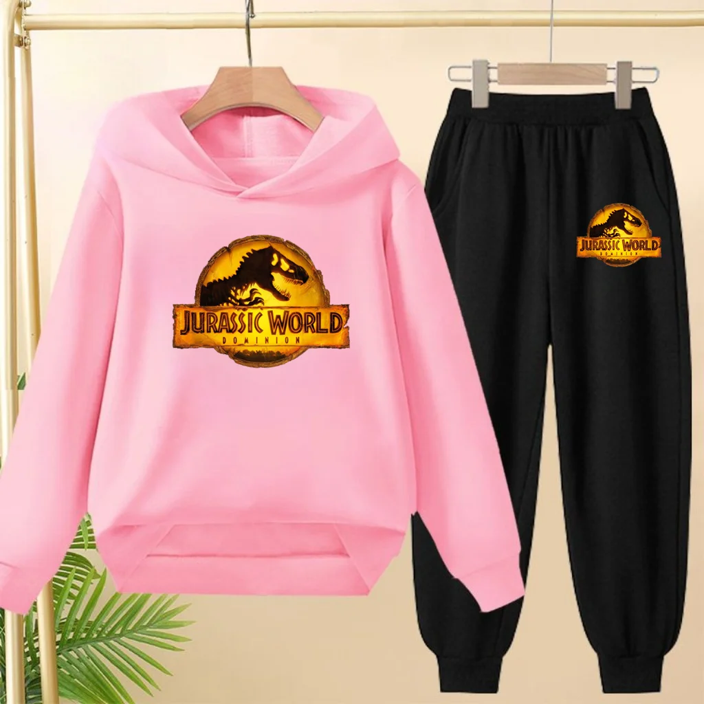 kids 3-12Yrs Autumn Clothing Jurassic Dinosaur print Yellow Pullover Hoodie Boys Girls Coat + Pants 2P Casual Sports Jogging Set