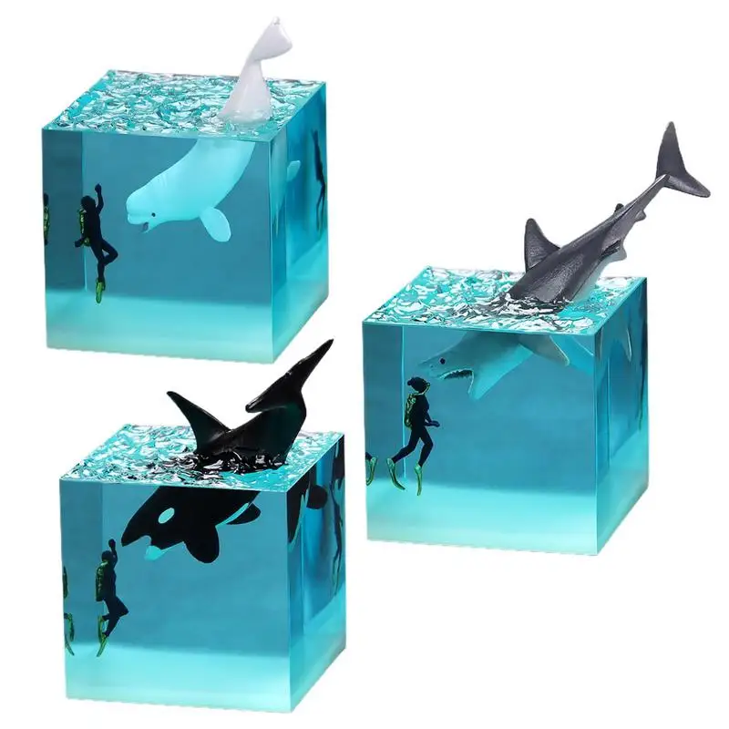 Cube Night Lights Marine Resin Whale Humpback Diver Cube Bedside Ocean Night Lamp For Kids Home Luminous Ornament For Bedroom