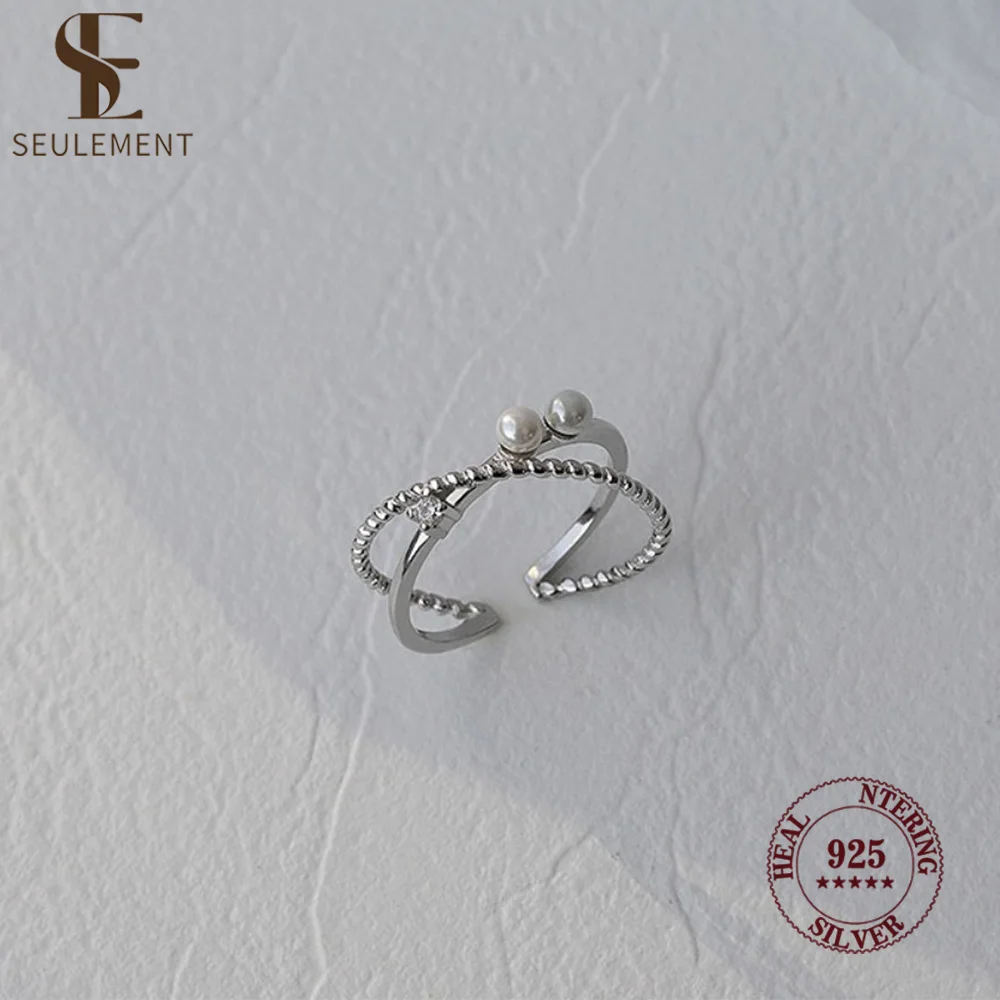 Seulement 925 Sterling Silver Double Layer Twist Beaded Open Ring for Women Adjustable Pearl Finger Ring Stackable Jewelry