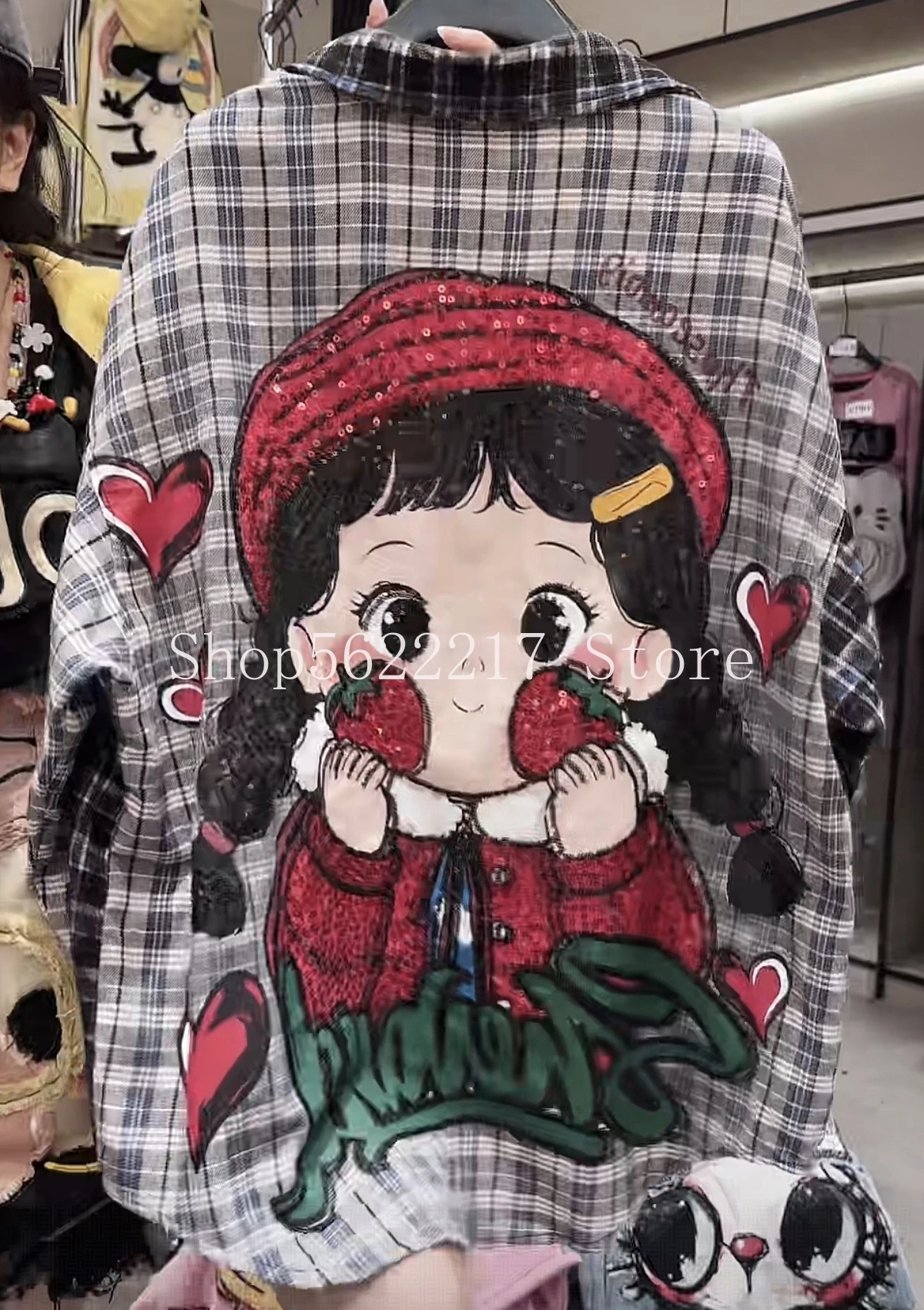 

2025 New Autumn Colorblock Plaid Shirts for Women Cute Strawberry Girl Sequins Loose Cardigans Top Mid-long Oversize Blouses