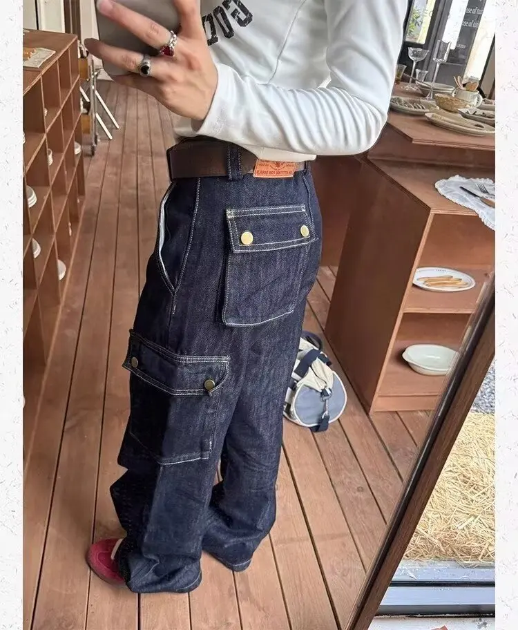 Blaue Schlaghose für Damen, hohe Taille, Knopfhose, 2000er-Jahre, amerikanische Y2k-Waschtasche, lockere Herbstjeans, Büro-Damenhose