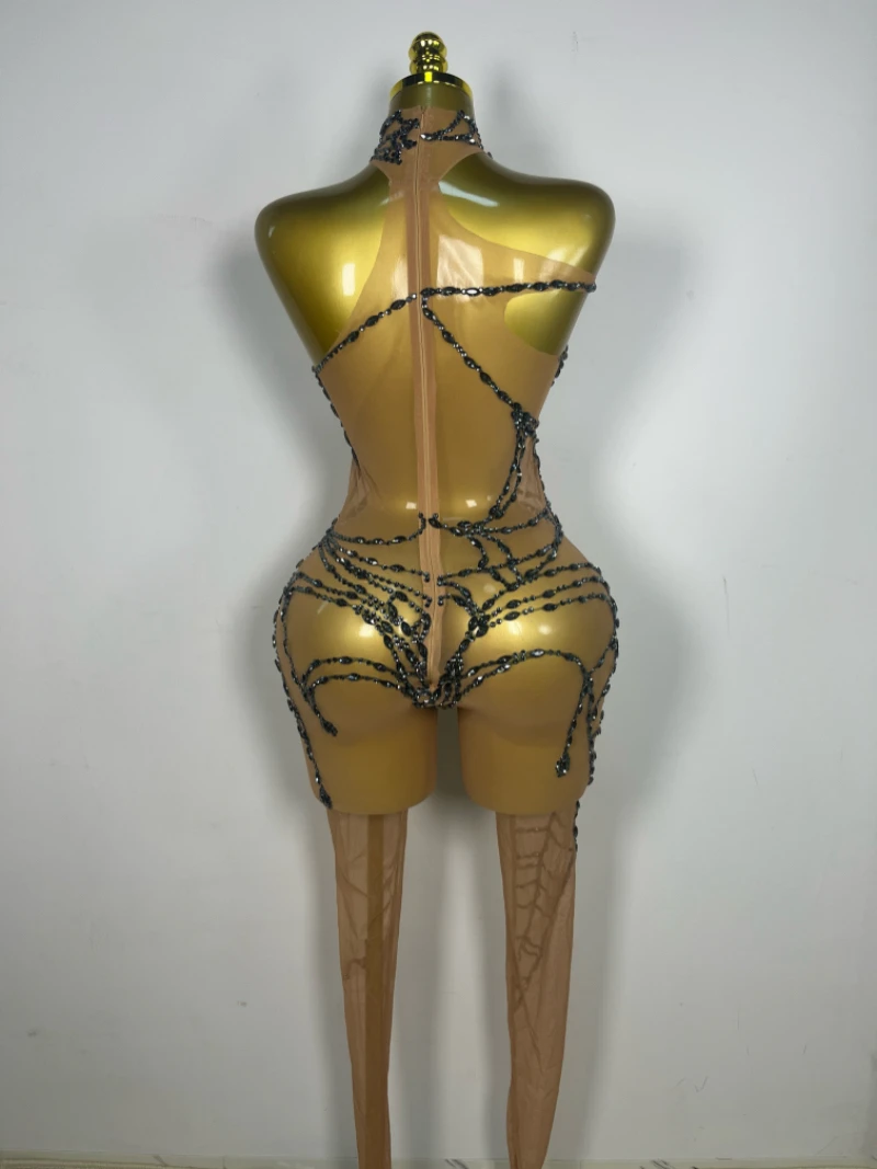 Frauen Führen Tanz Kostüm Ärmellose Strampler Party Geburtstag Nachtclub Bühne Outfit Sparkly Strass Stretch Mefh Overall