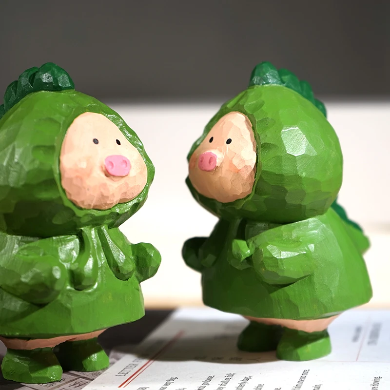 Świnka dinozaura Ręcznie robiona rzeźba w drewnie Małe ozdoby Zabawne i urocze dekoracje na biurko Prezent dla studentów