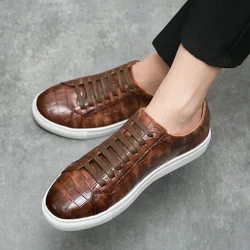 New Brown Men Sneakers Lace-up Solid PU Leather Black White Platform Shoes Men's Vulcanize Shoes  Size 38-46