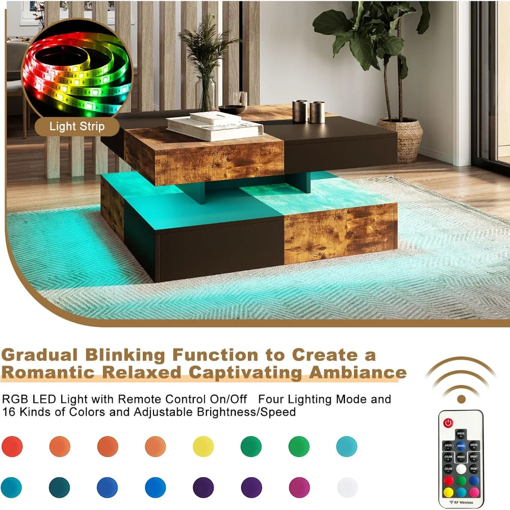 LED Coffee Table for Living Room,  Living Room Table 2-Tier Square Middle Center,  Modern Coffee Tables with Storage