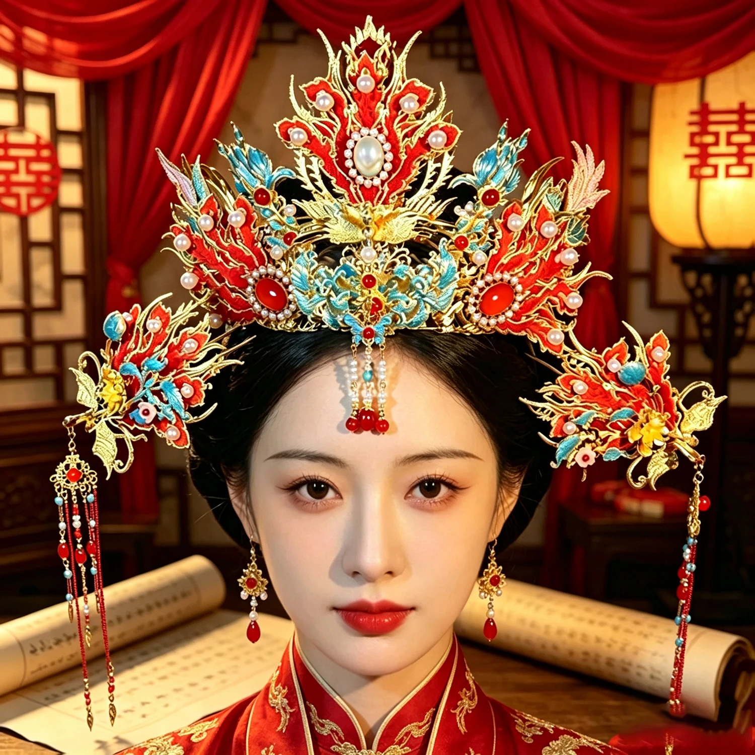 Luxurious Phoenix Crown Bride Headwear Chinese Classical Red Blue Hanfu Dragon Phoenix Gown High End Wedding Hair Accessories