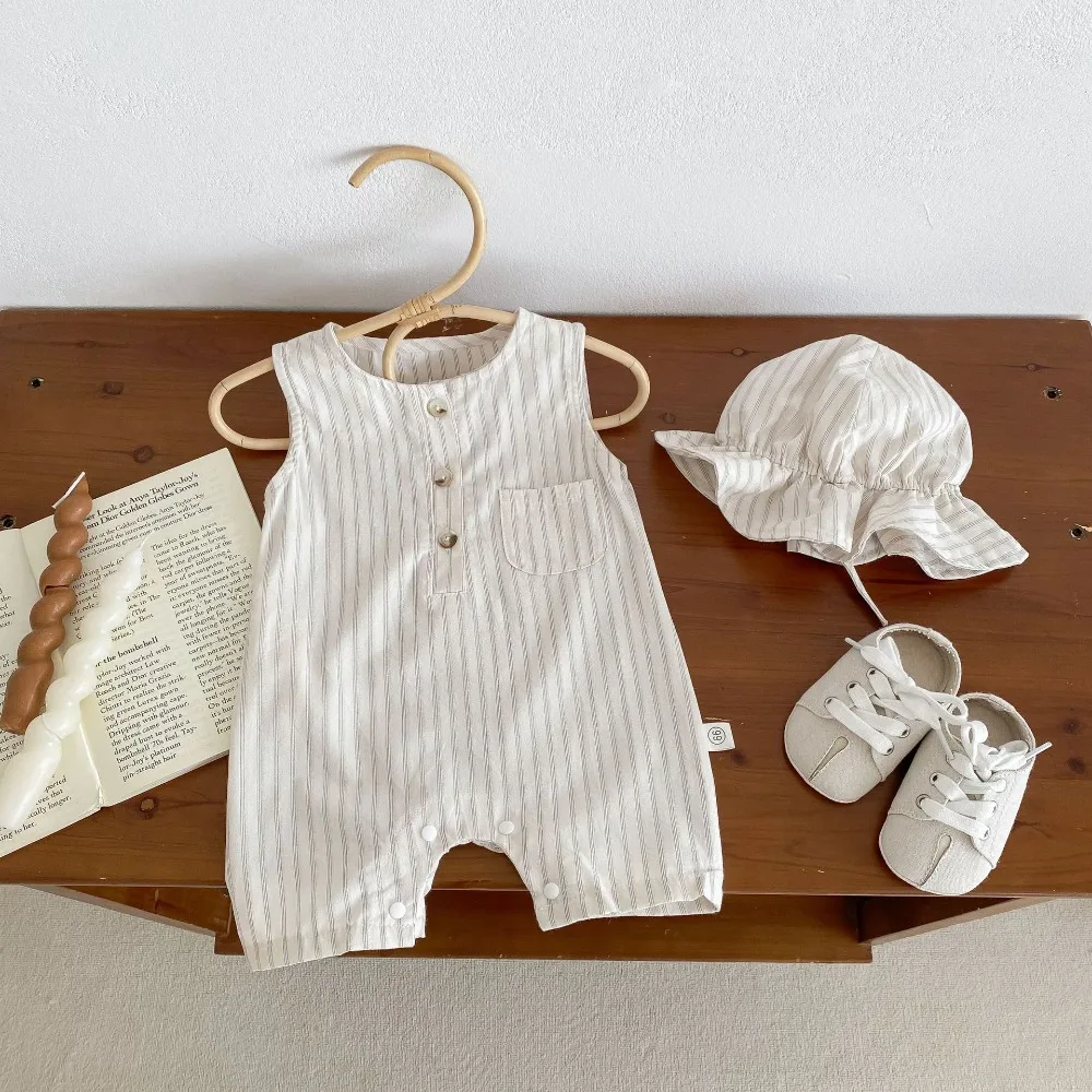 INS Summer Baby Romper 0-2Years Newborn Boy Girl Sleeveless Striped Jumpsuit Hat 2PCS Outfits Casual Korea Style Clothes