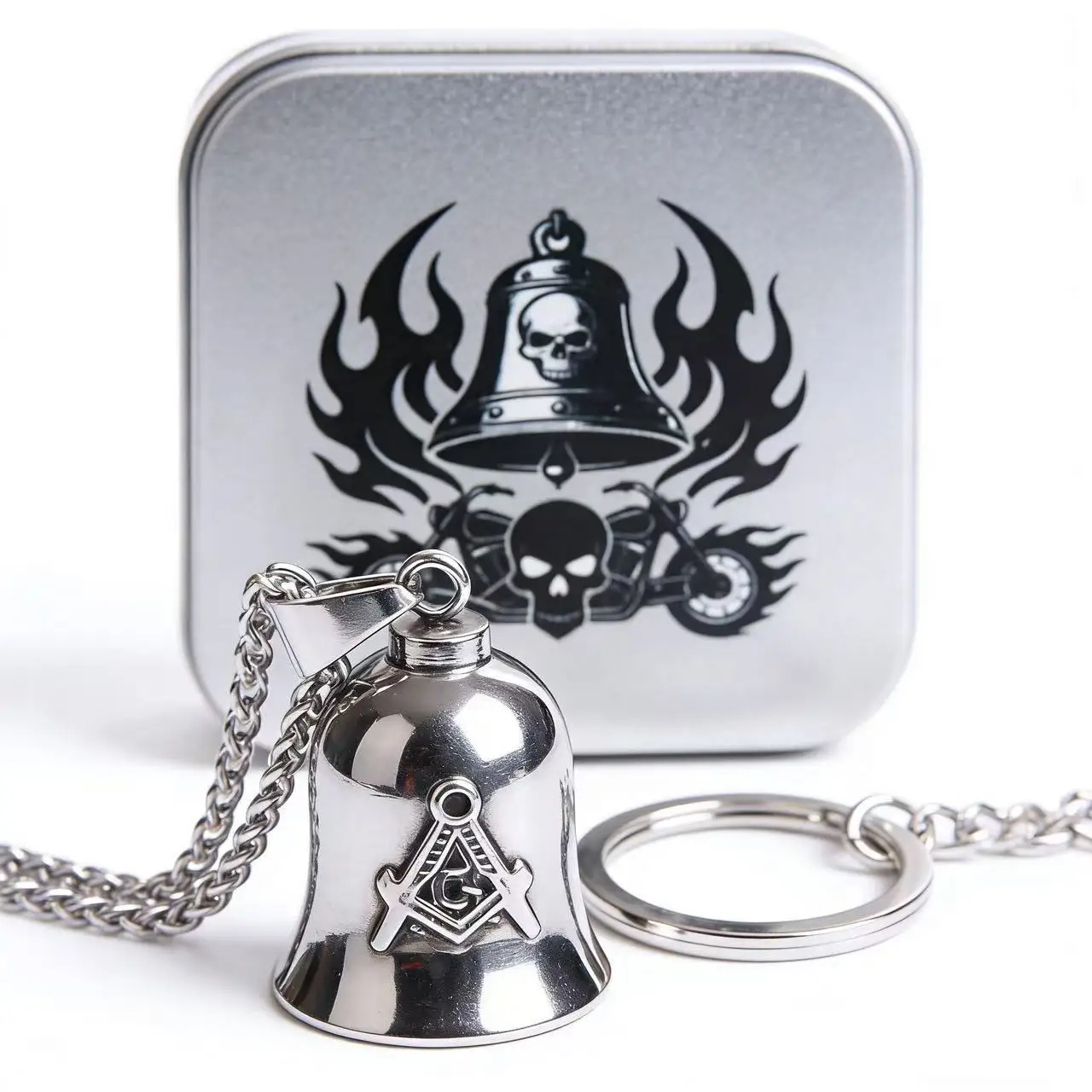 Punk 316L Edelstahl Schutzglocken-Halskette Anhänger für Männer Biker-Glocke Gremlin Glücksbringer Motorradfahrer-Accessoires Geschenkbox – Detail 4