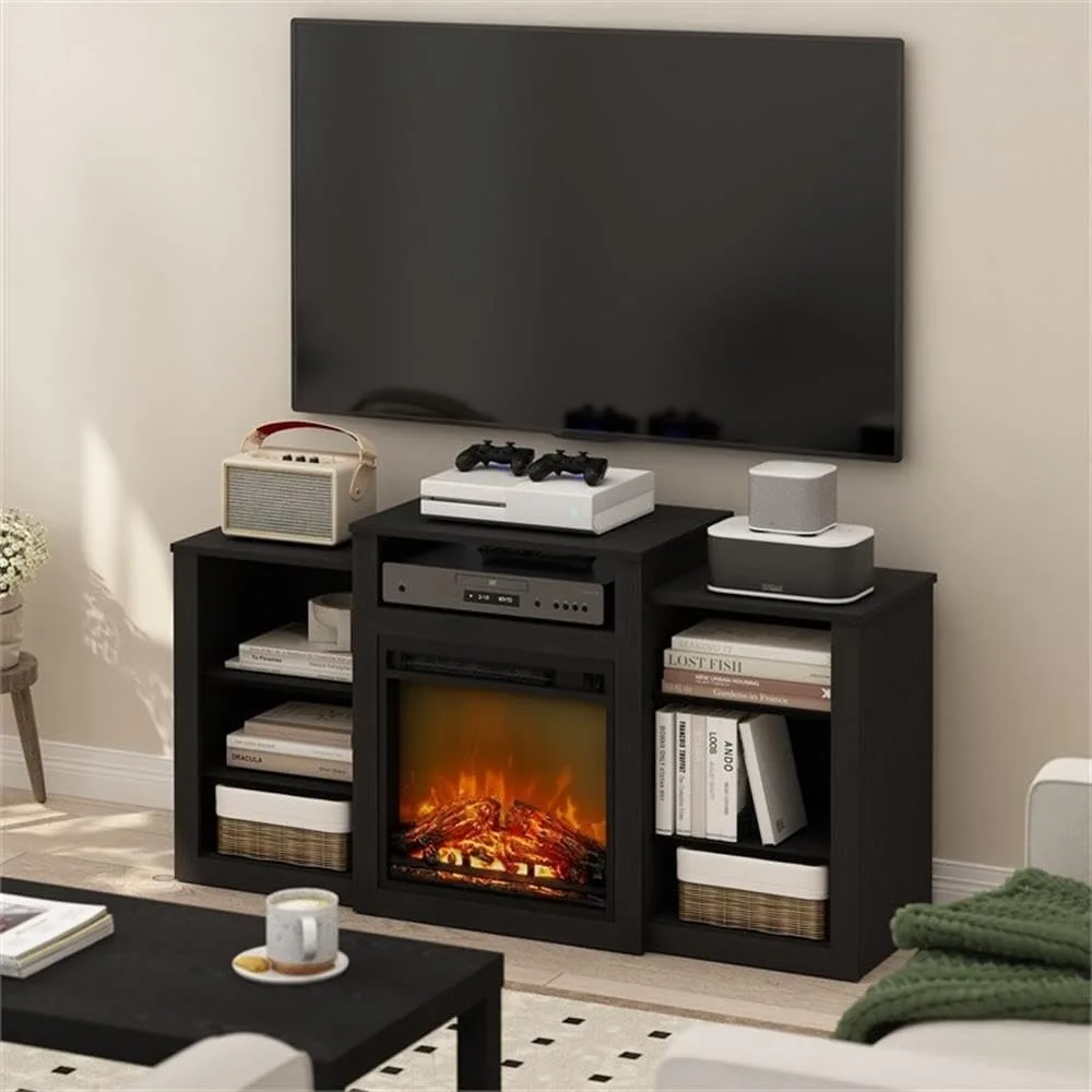 55インチスクリーン対応 電気暖炉付きテレビ台 - 暖房機能付きモダンエンターテイメントセンター