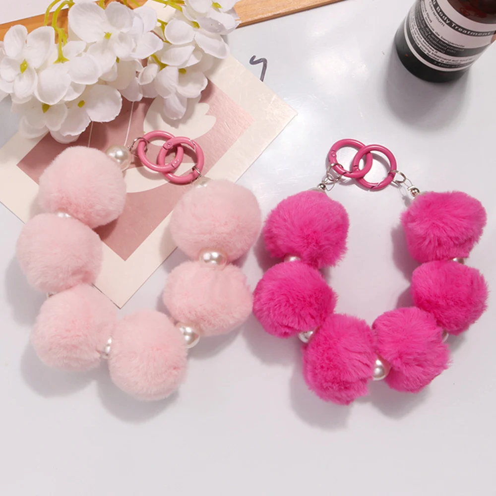 Sweet Plush Colored Ball Chain Fur String Balls Key Chain Phone Case Decoration Bag Pendant With Imitate Pearl Decor Gift