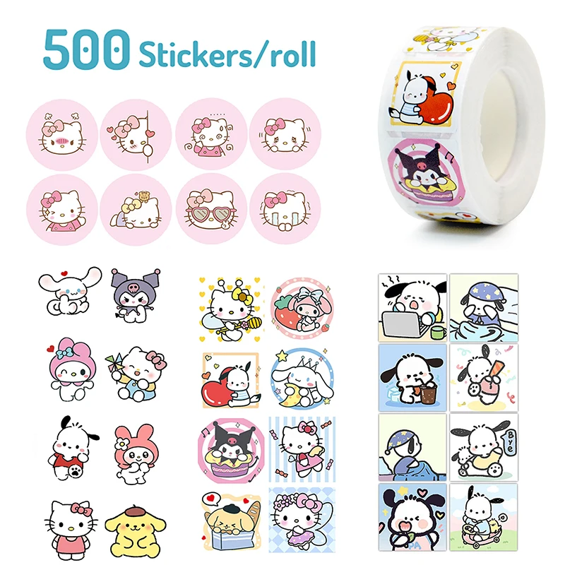 500Pcs/roll Sanrio Sticker Kawaii Kuromi Hello Kitty P Cinnamoroll Cartoon Kids Reward Stickers Gift Decoration Decals Toys