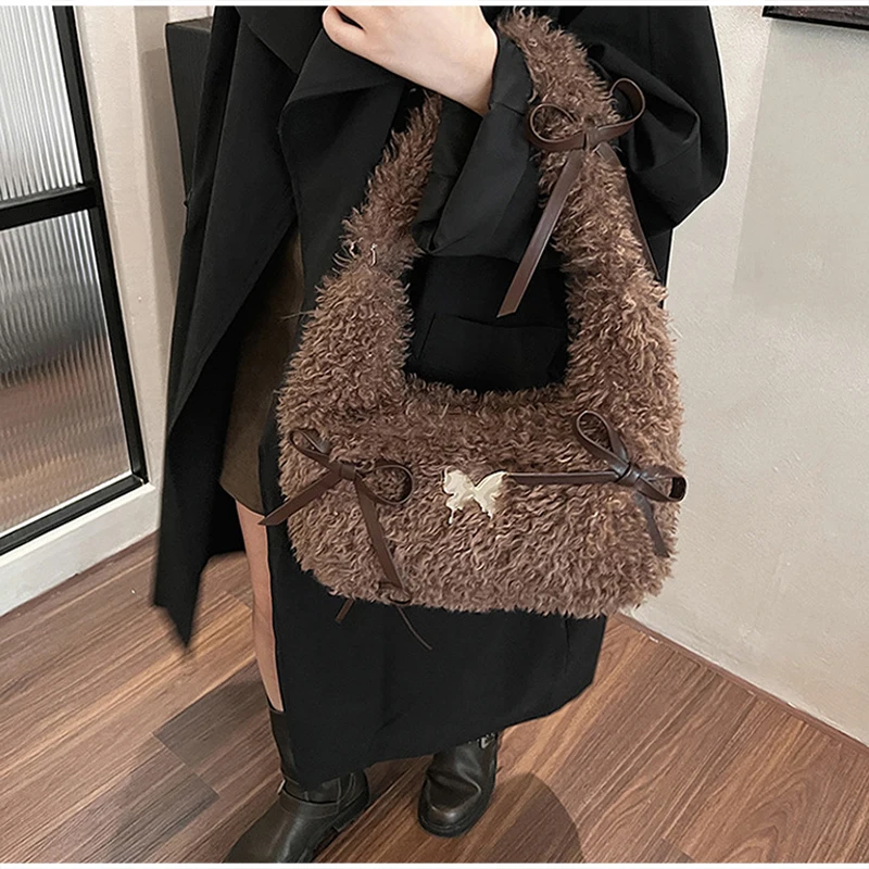 Flauschige Hobo-Schultertasche aus Kunstfell mit Schleife, minimalistische, lässige Handtasche mit Tragegriff für Damen, weiche Plüsch-Pendler-Tragetasche, Herbst/Winter – Detail 16
