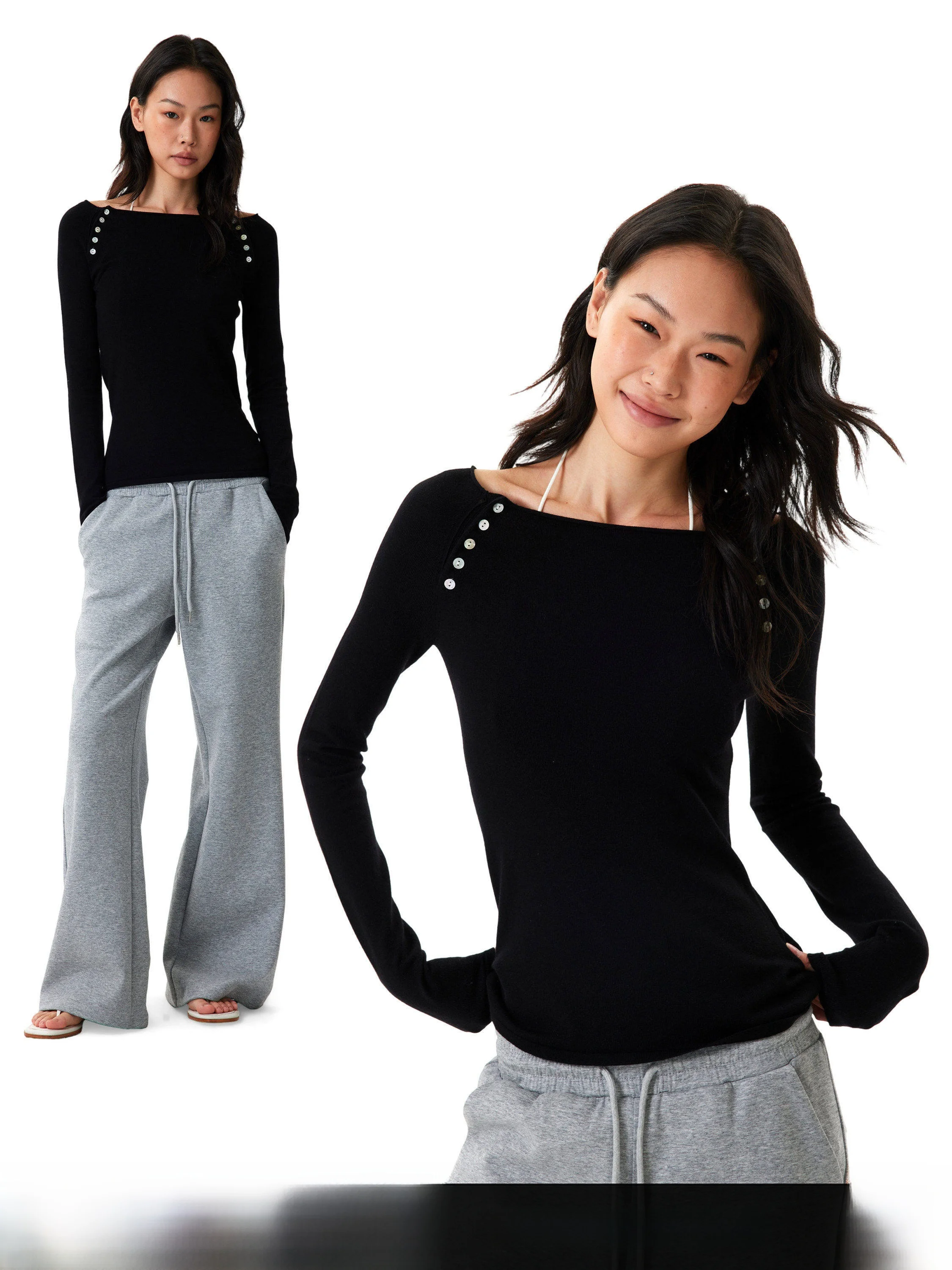 Black Lenzing Long Sleeve Slim Fit T-Shirt Women's Autumn New  Button Design Casual Style Fashion Top GOGO BURN
