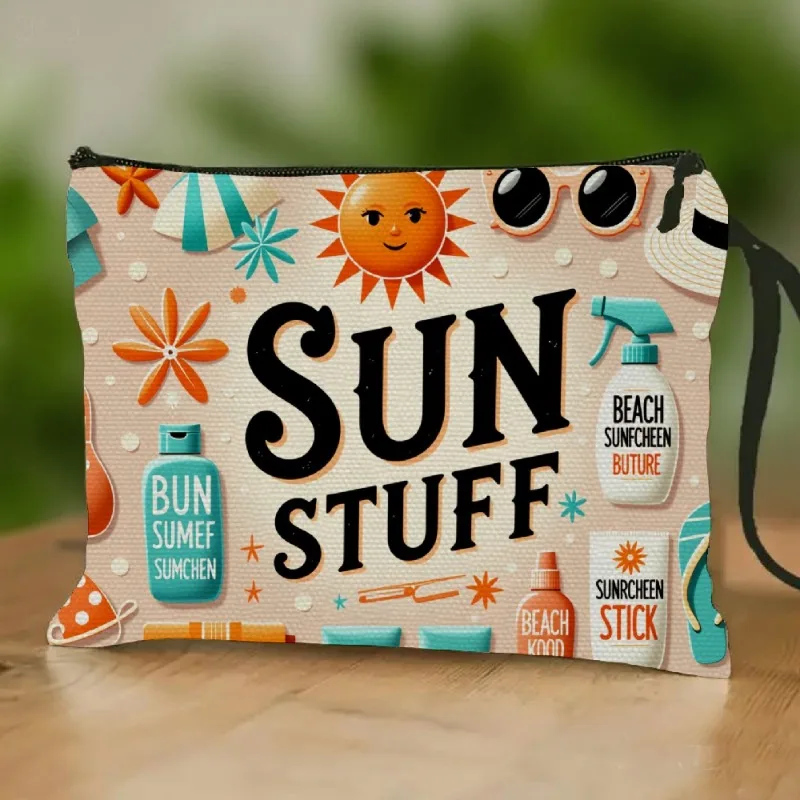 

Sun Stuff Themed Fashionable And Convenient Travel Wash Bag Makeup Bag with Sun, Beach, And Sunscreen Patterns, Suitable for Sum