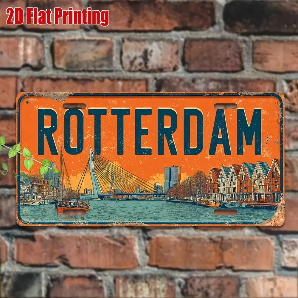 2D Flat Retro Rotterdam Metal Sign - Aluminum Wall Art 11.8x5.9in, Country Canal Windmill Scene, Home Vehicle Garage Decor, Mari