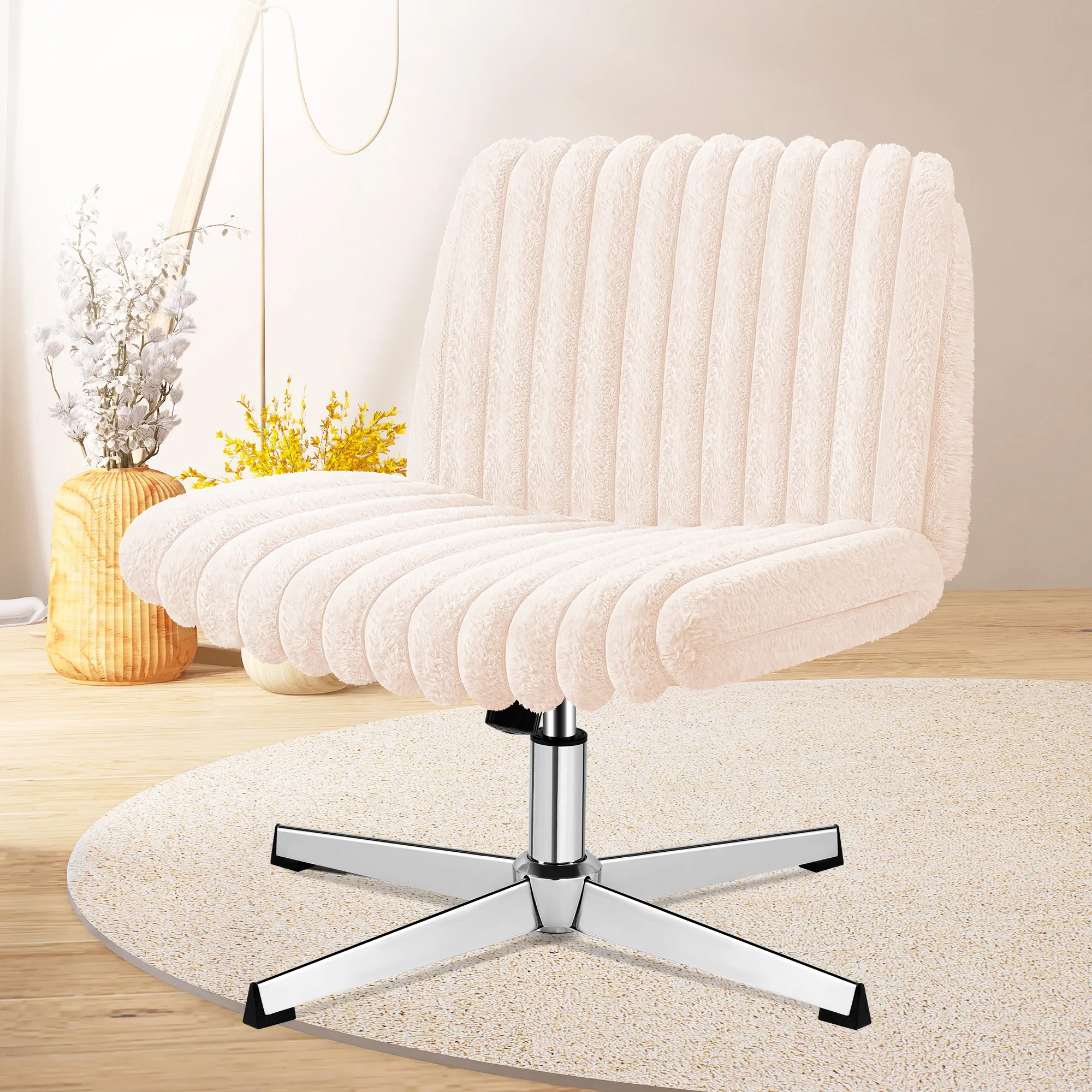 KERDOM  Criss Cross Chair Legged, Furry Armless Office Swivel Desk Chairs, No Wheels, Fabric Height Adjustable with Wide Seat, Comfy Cute Computer Task Chair for Home Bedroom, Pink