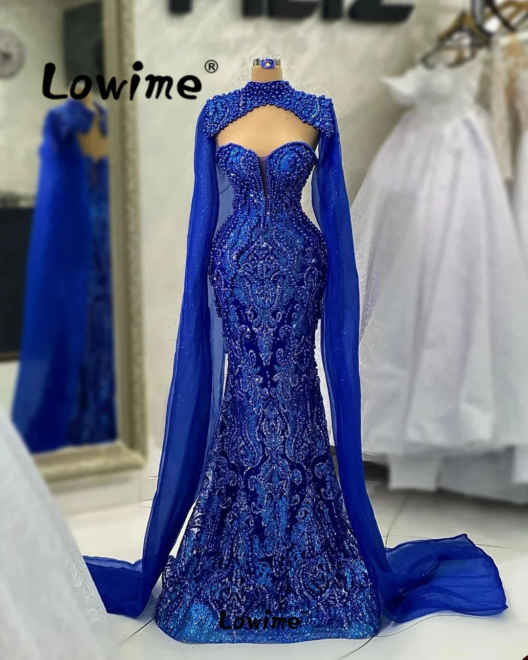 Royal Blue Full Beaded Women Evening Dresses Formal Cape Sleeve Diamodns Shiny Pearls Prom Dresses Custom Made Party Gowns Robes