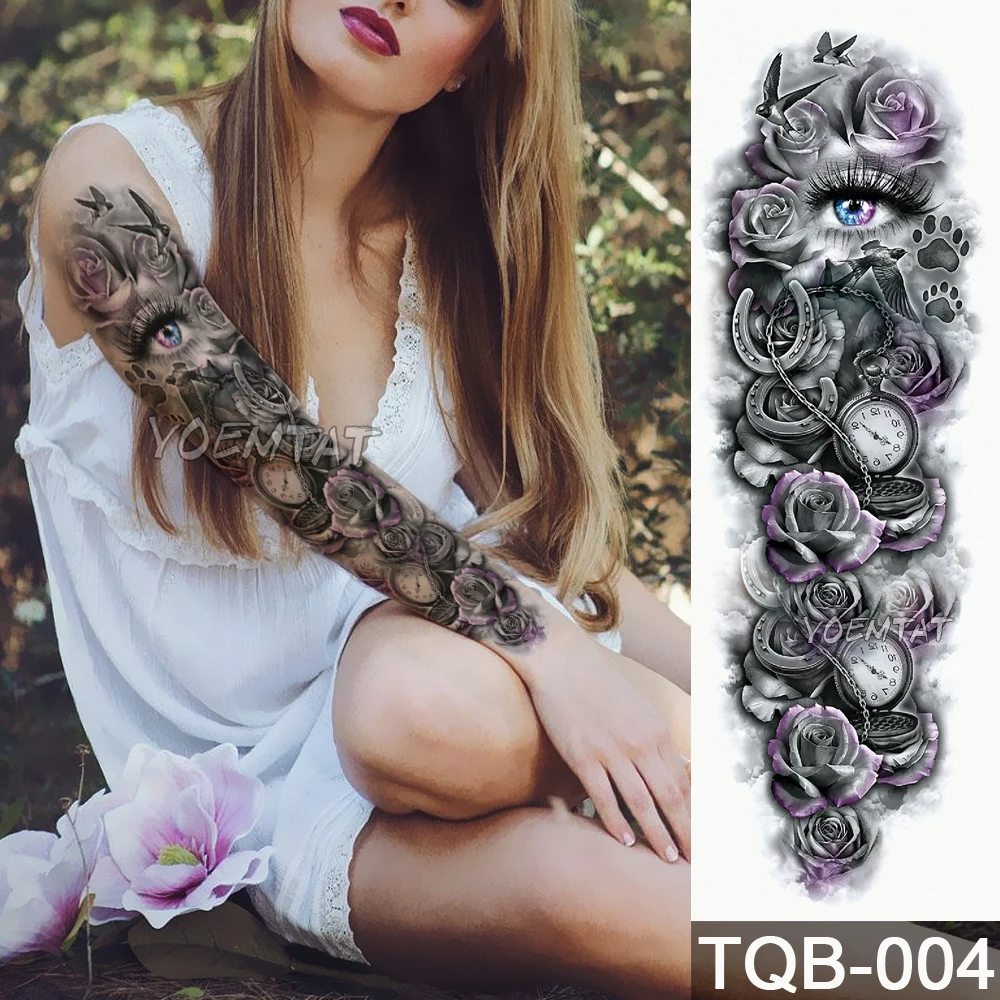 Large Full Arm Sleeve Waterproof Temporary Tattoo Sticker Skull Flowers Clock Wolf Tiger Fake Tatoo Body Art Tatto Men Women Leg