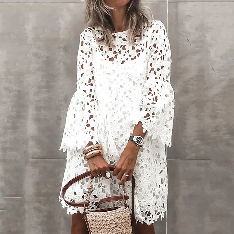 

Fashion Hollow Lace Dress For Women Elegant O-neck Flared Sleeve Loose Casual Knee-length Dress Temperament Commuter Dresses