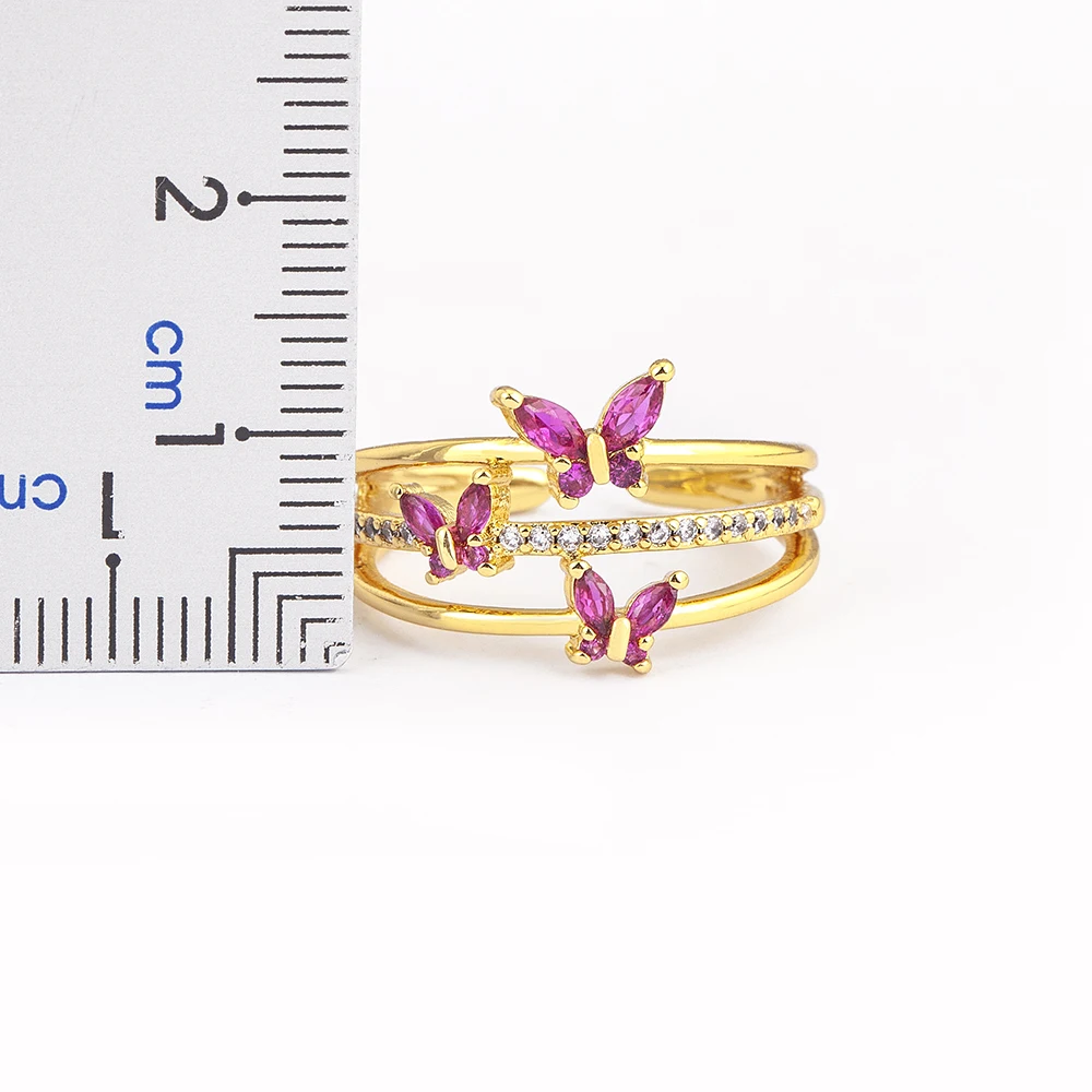 Nidin Classic Design Three Layers Lucky Butterfly Zircon Rings Open Adjustable Cute Animal Jewelry Fine Party New Year Gifts