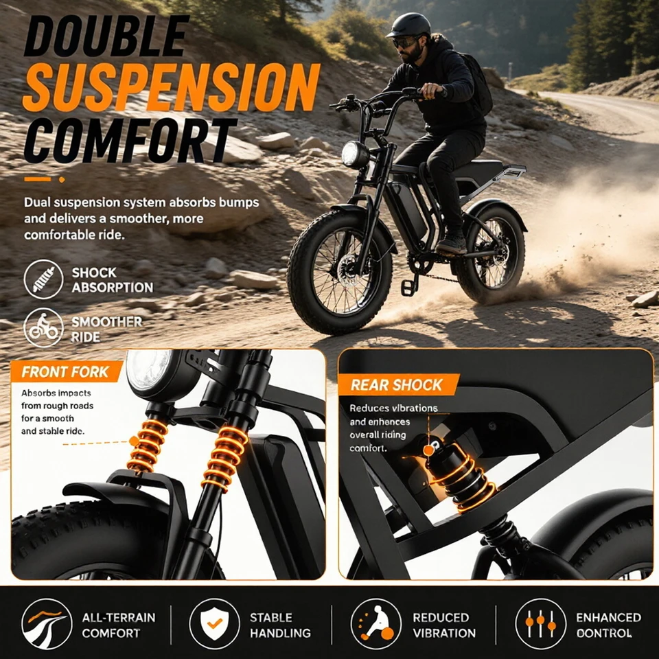Urban Commuter 20" Fat Tire Electric Bike - 1000W Peak Motor, 48V 15Ah Removable Battery. Dual Suspension, Disc Brakes & LCD Panel. 330LBS Payload & Quick-Release Rear Seat for Family or Cargo. 40-60 Mile Range