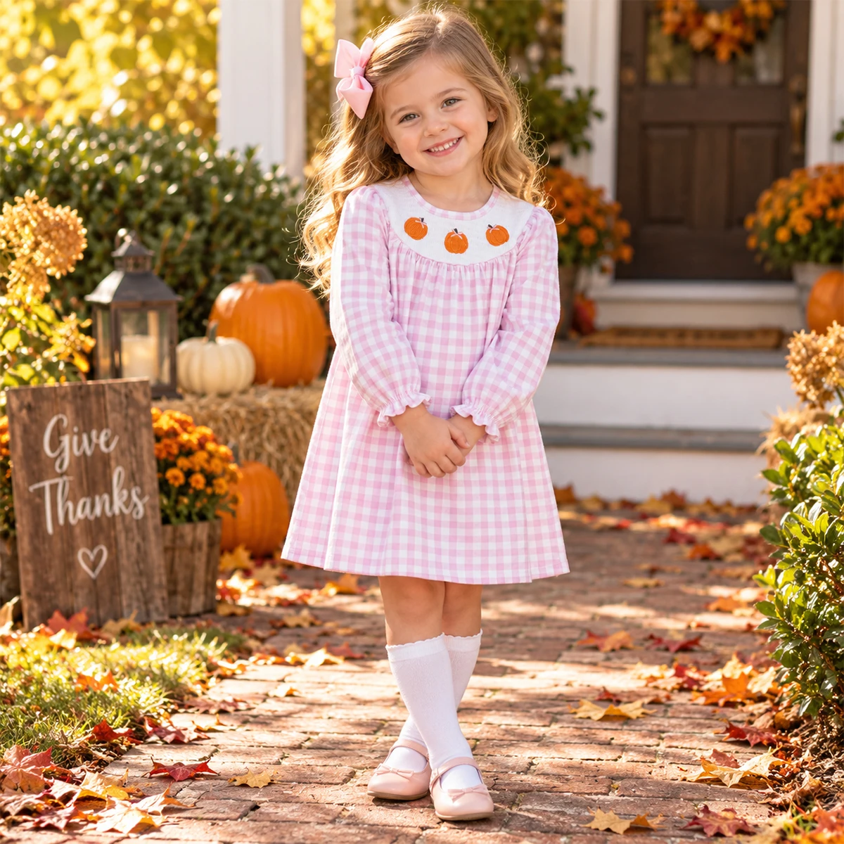 Baby Girl Cute Princess Dress Boutique Fall Smocked Pumpkins Girls Pink Plaid Fall Knee Length Dress Children Clothes Wholesale