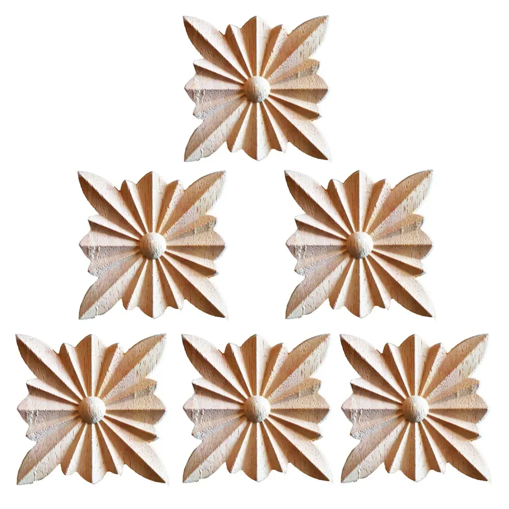 6PCS Square Wood Applique Onlay Wood Decal Wooden Furniture Doors Walls Corner Home Furniture Exquisite Decoration Mouldings